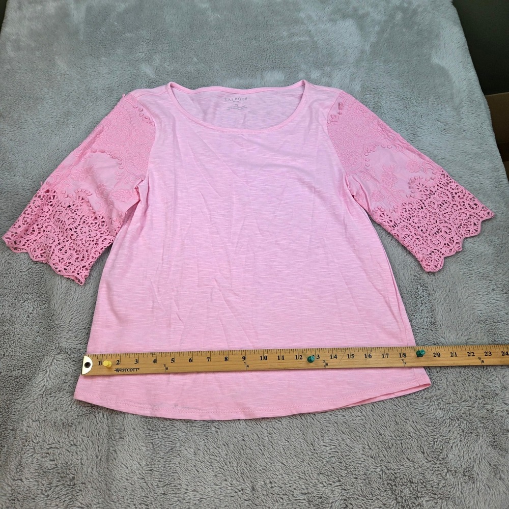 Talbots Cotton Lace Sleeve Top Womens Sz MP Slub Knit Eyelet Crochet Detail Pink